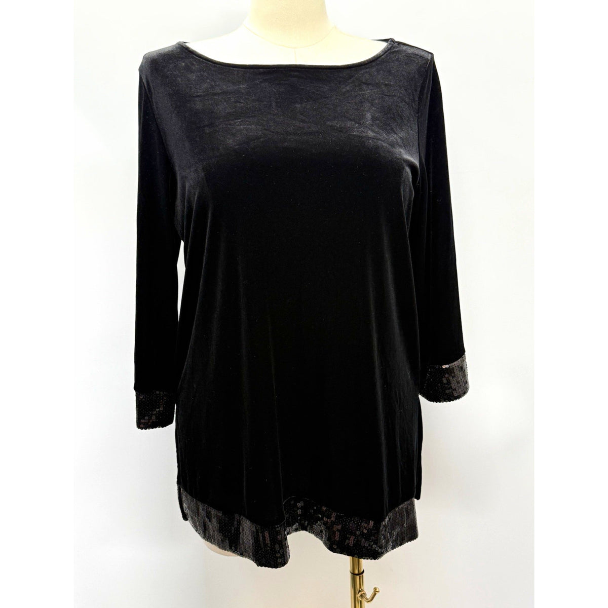 Susan Graver Womens L Black Velvet Tunic Blouse Sequin Trim 3/4 Sleeve