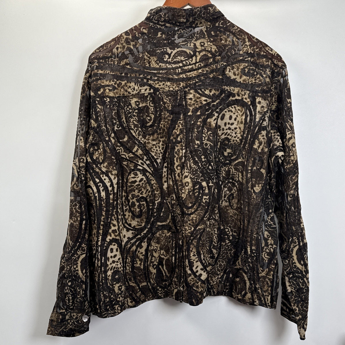 Chico’s Sheer Crinkle Button Up Blouse Women Sz 2 Brown Paisley Animal Print