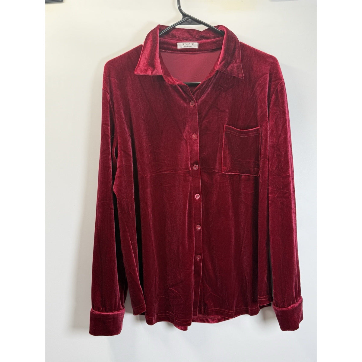 Ekouaer Velvet Button Up Shirt Red L Soft Lounge Holiday Top Womens