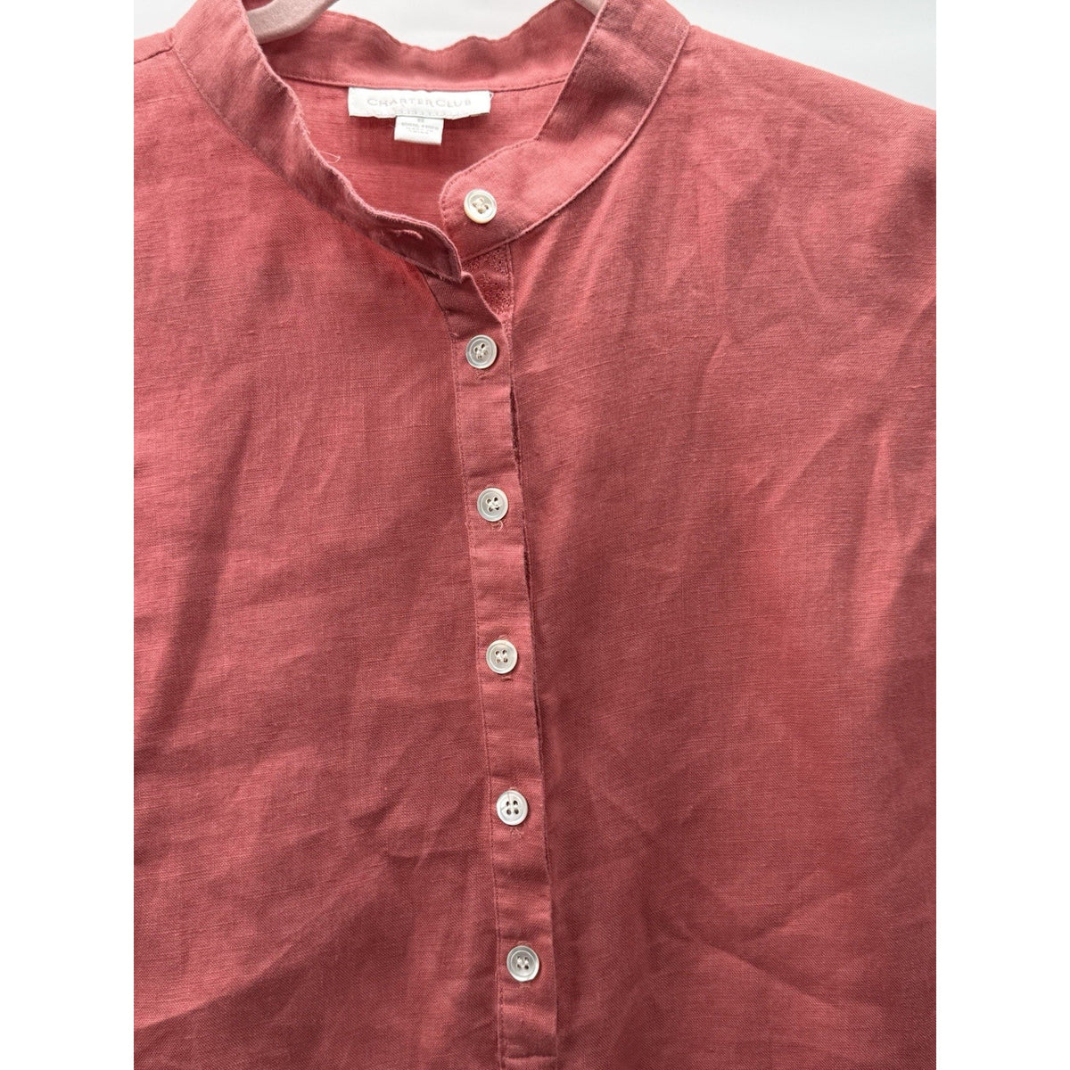 Charter Club Linen Top Sz 8 Coral Pink Roll-Tab Sleeve Mandarin Collar Coastal