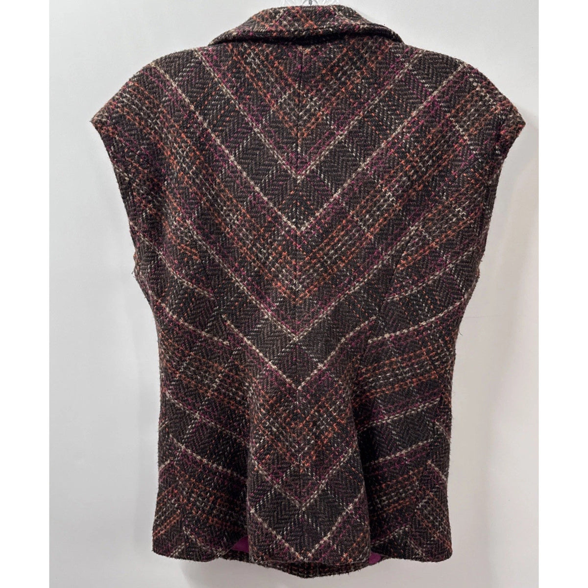 Cab Womens Tweed Wool Blend Vest Brown Pink Plaid Belted Button Front S