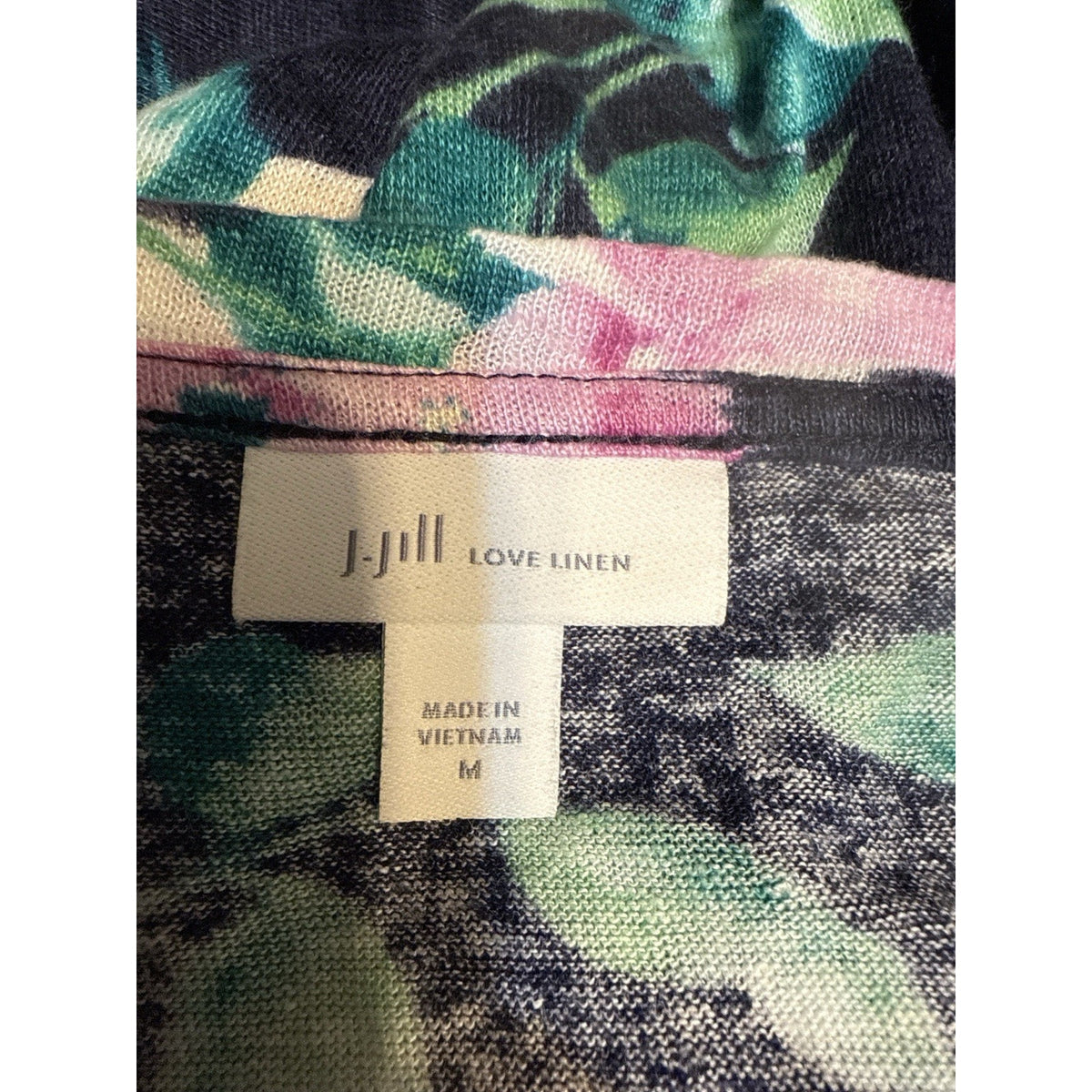J Jill 100% Linen Floral Tie Front Top Love Linen Navy Pink Green M