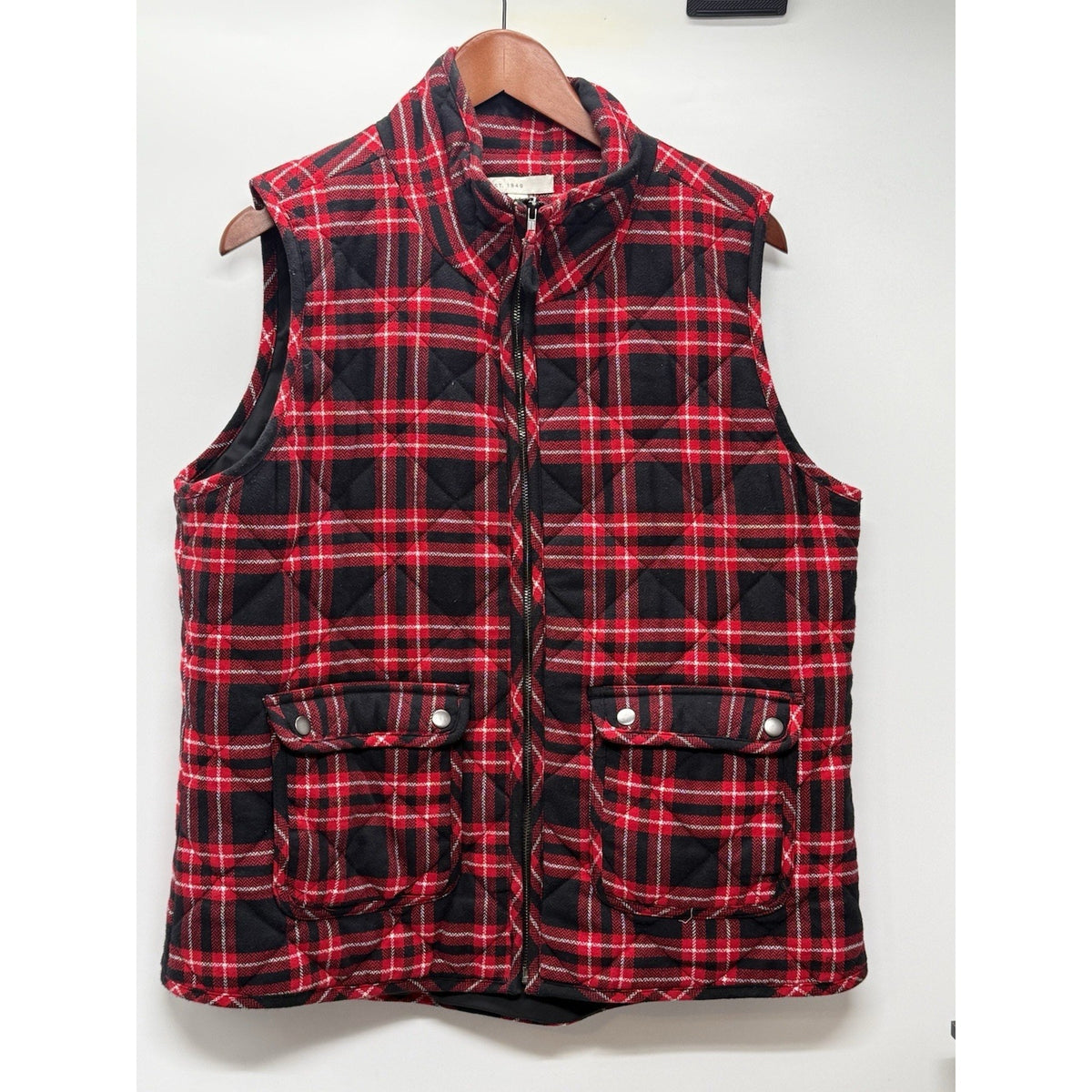 Cato Quilted Plaid Vest Red Black Cotton Zip Utility Pockets Outdoor XL