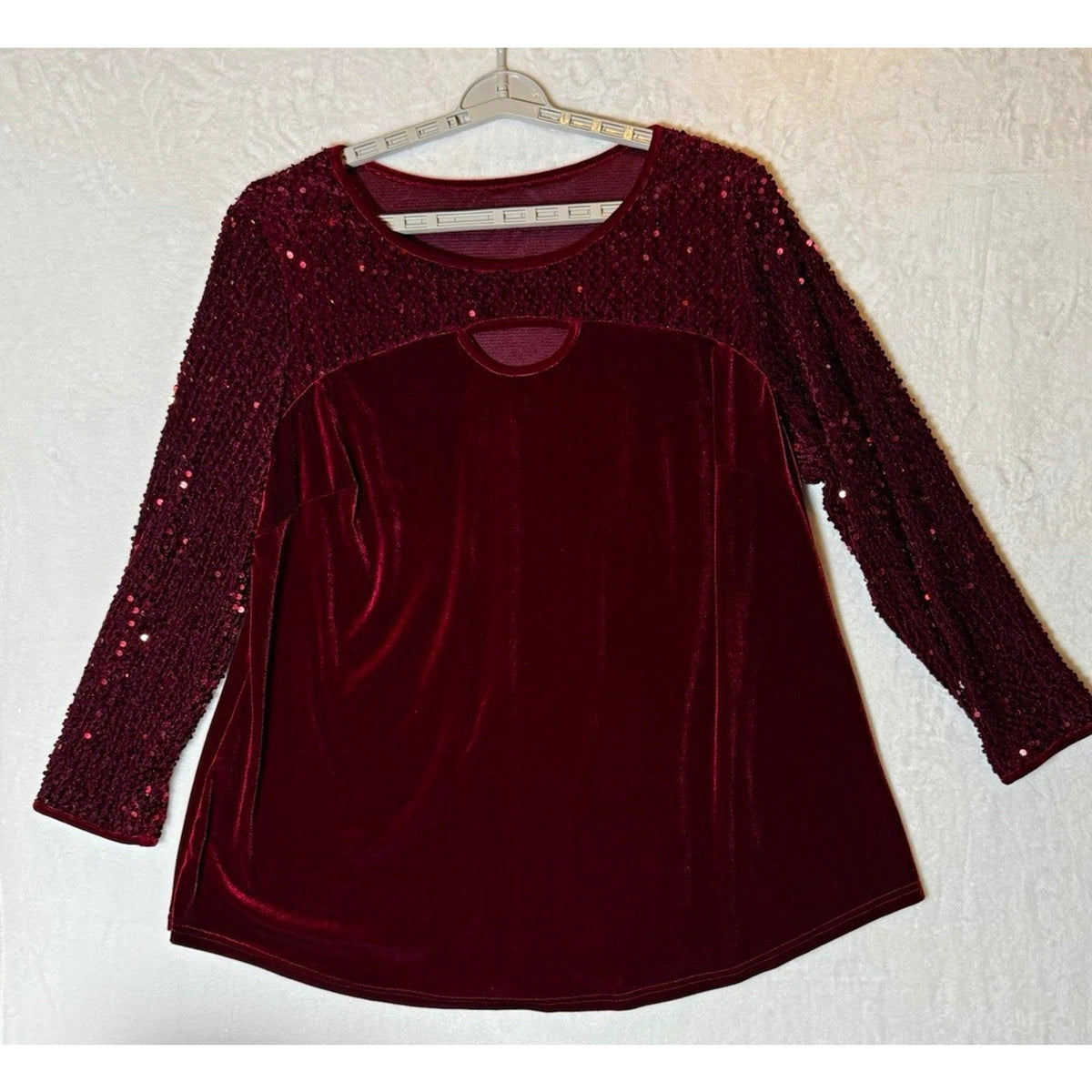Burgundy Velvet Sequin Tunic Top Size 2X Keyhole Whimsigoth Party Blouse