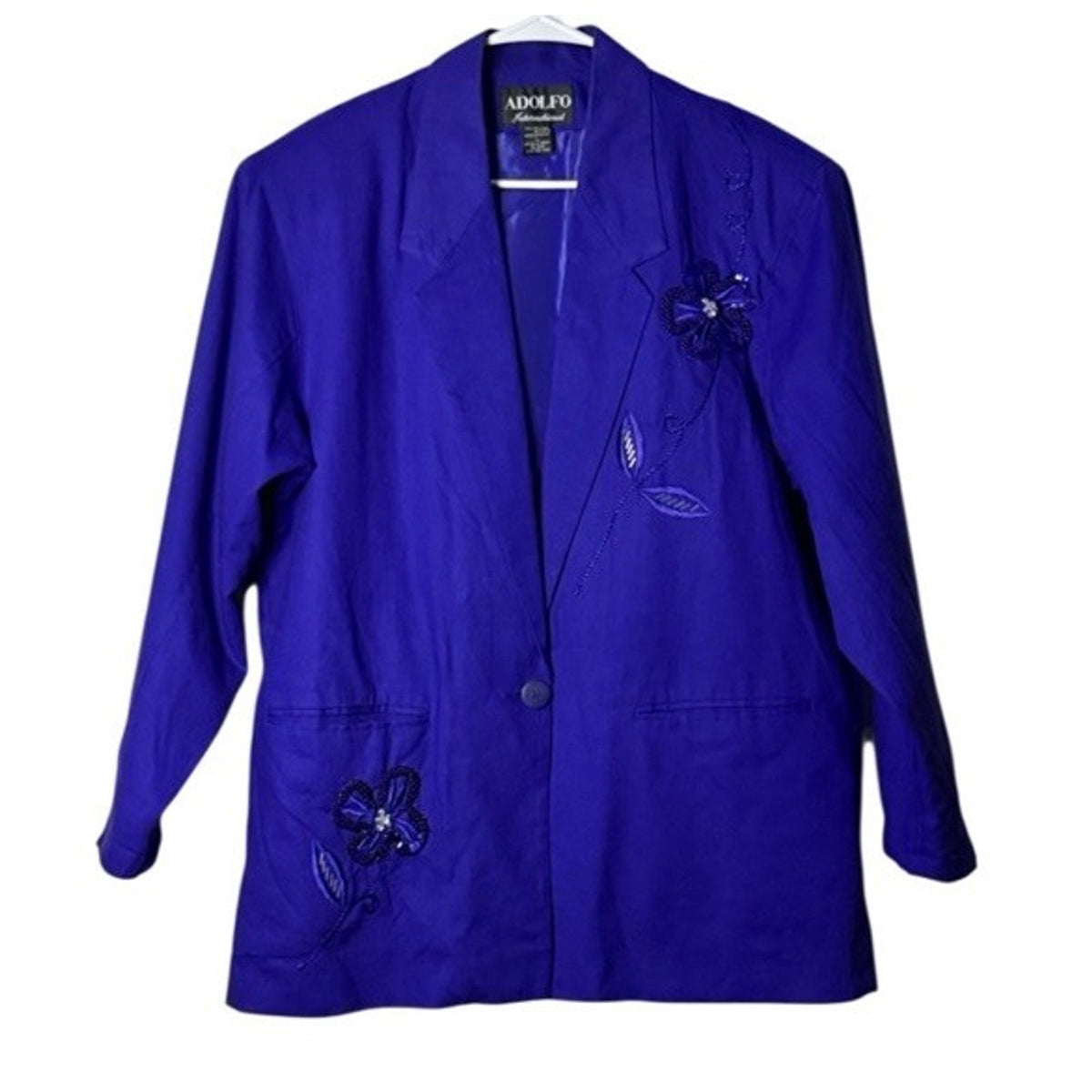 Vintage Adolfo Int’l Linen Blend Blazer L Purple Embroidered Floral Beaded