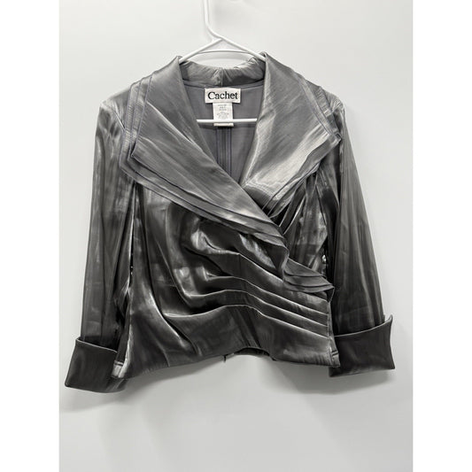 Cachet Silver Metallic Pleated Jacket Blazer Size 8 Dressy Evening Career