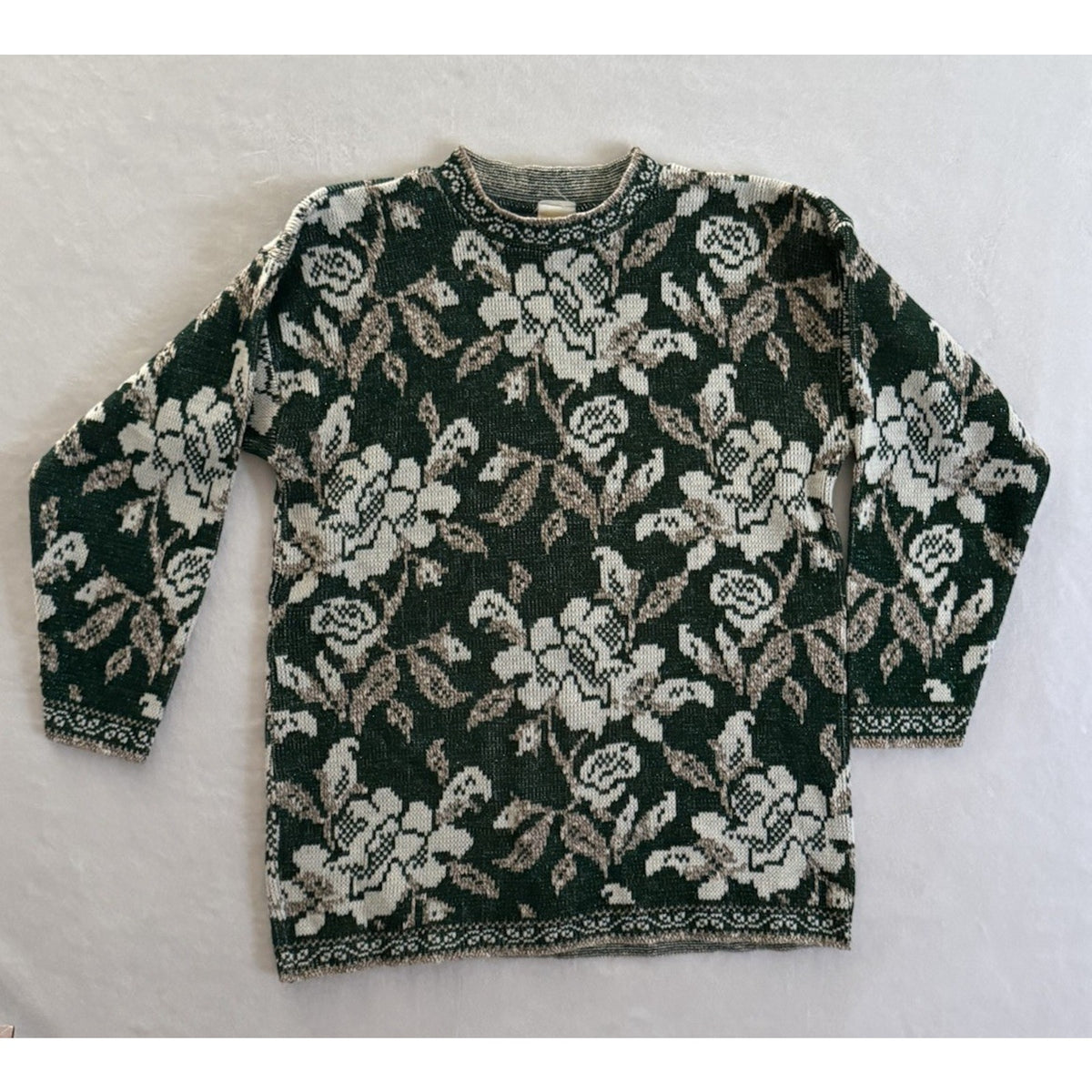 Vintage Holiday Time Sweater Womens L Green Lurex Metallic Floral Made USA