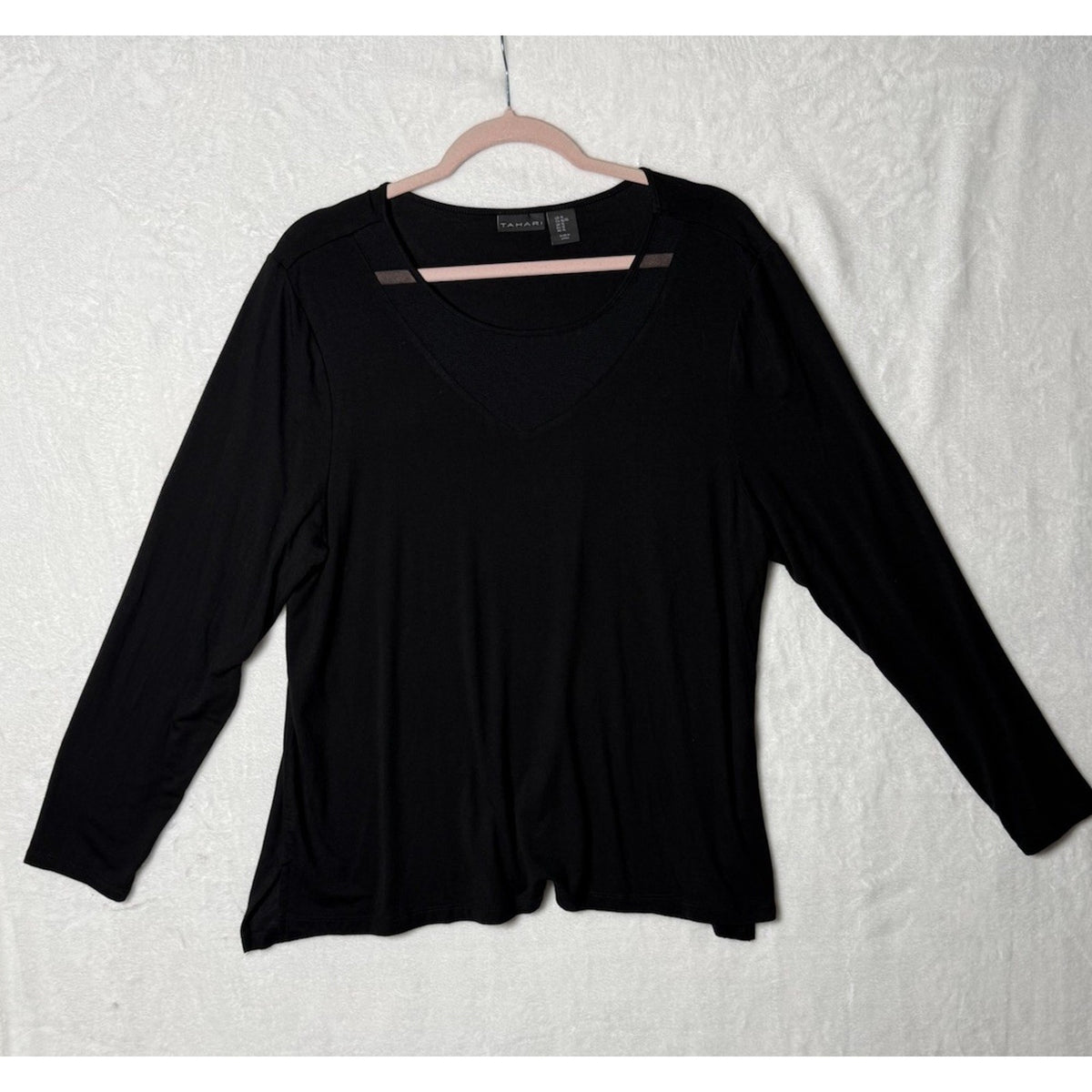 Tahari XL Black Long Sleeve V-Neck Sheer Insert Top Lagenlook Career Minimalist