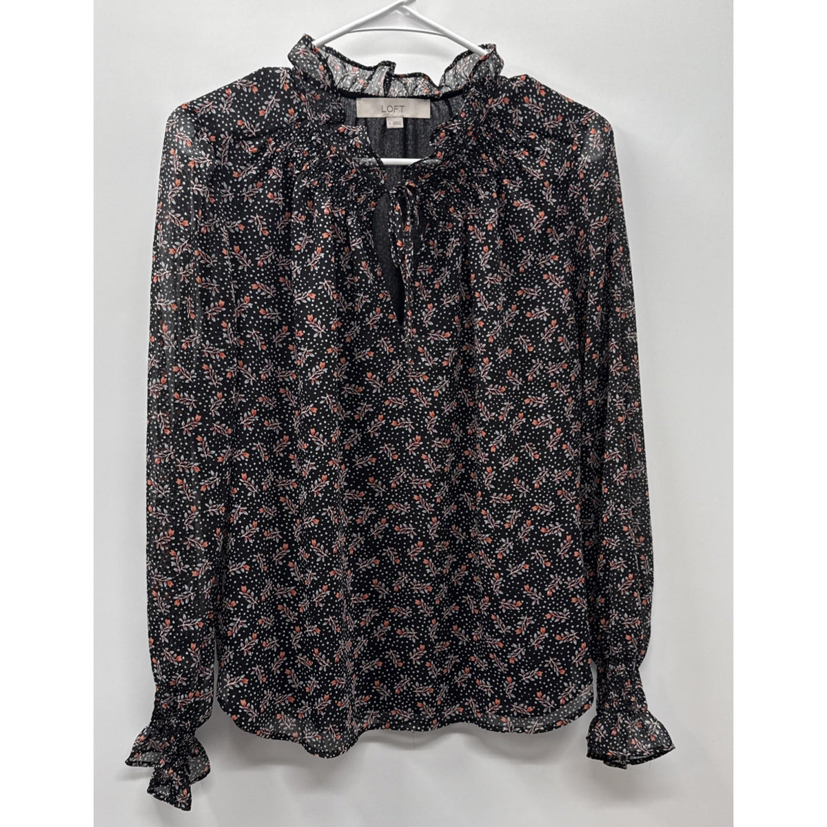 LOFT Black Floral Ruffle Neck Blouse Small Long Sleeve Lightweight Top