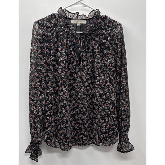 LOFT Black Floral Ruffle Neck Blouse Small Long Sleeve Lightweight Top