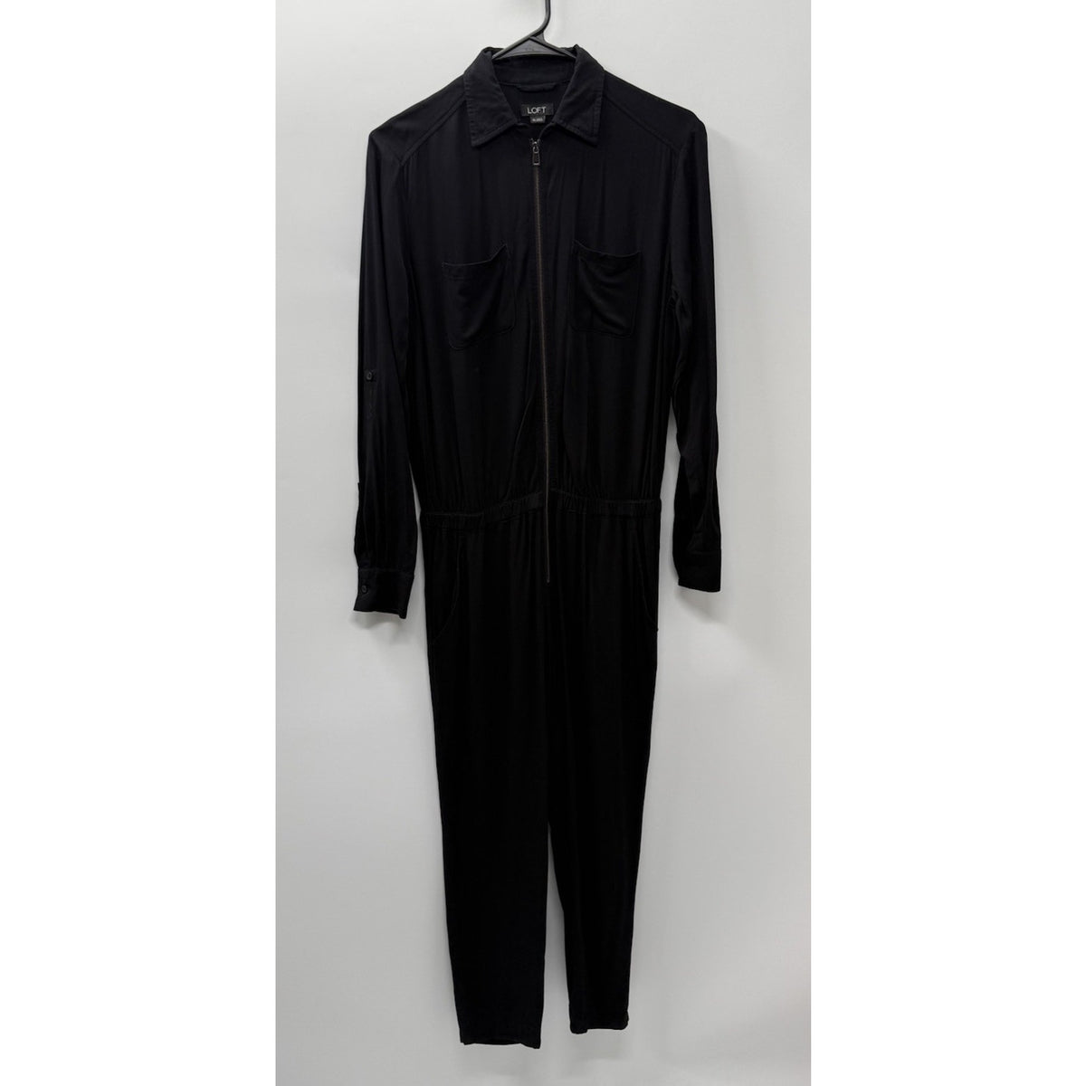 LOFT Black Zip Front Jumpsuit XS Long Sleeve Rayon Roll Tab Utility Pockets