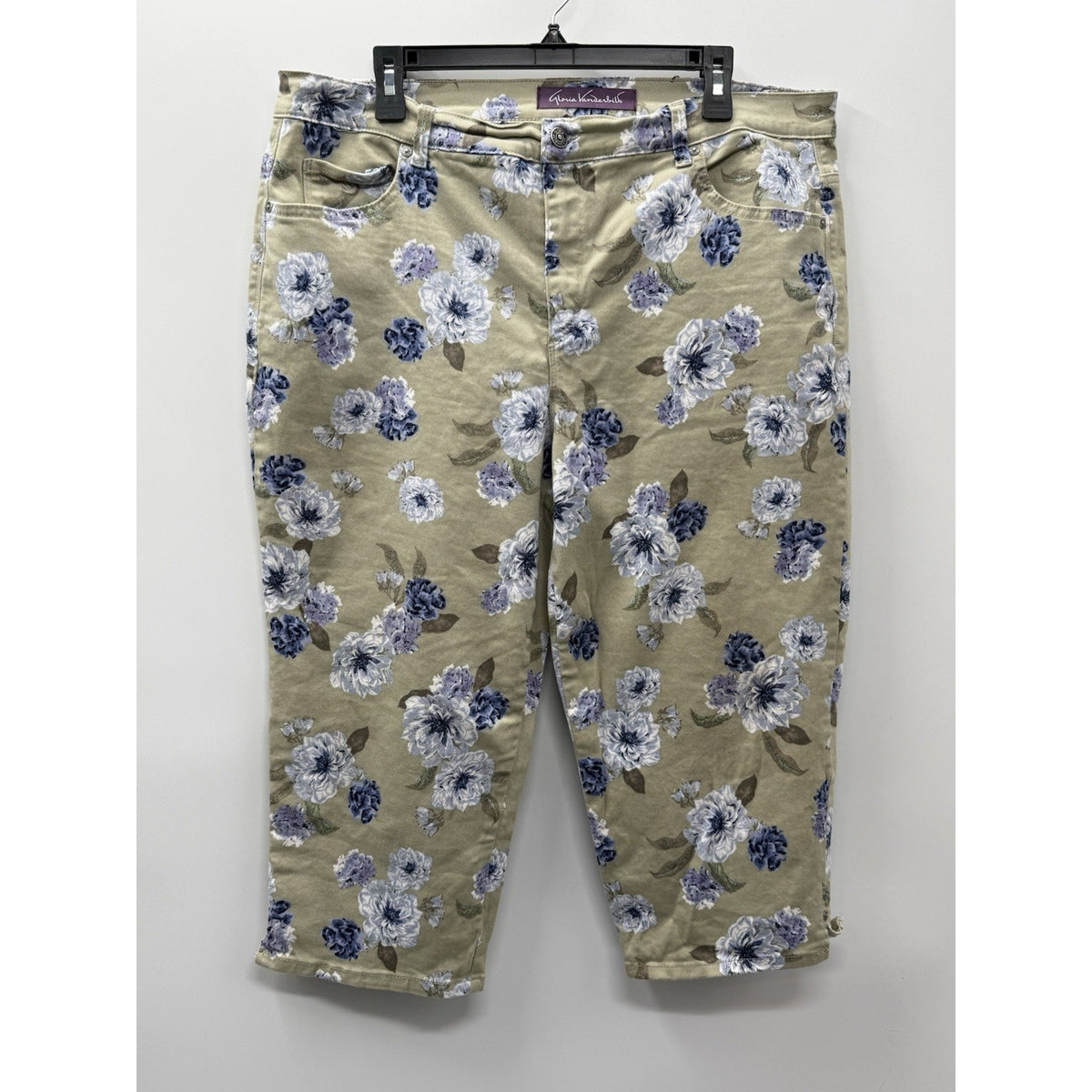 Gloria Vanderbilt Amanda Capri Pants Womens 16W Beige Blue Floral Stretch Crop