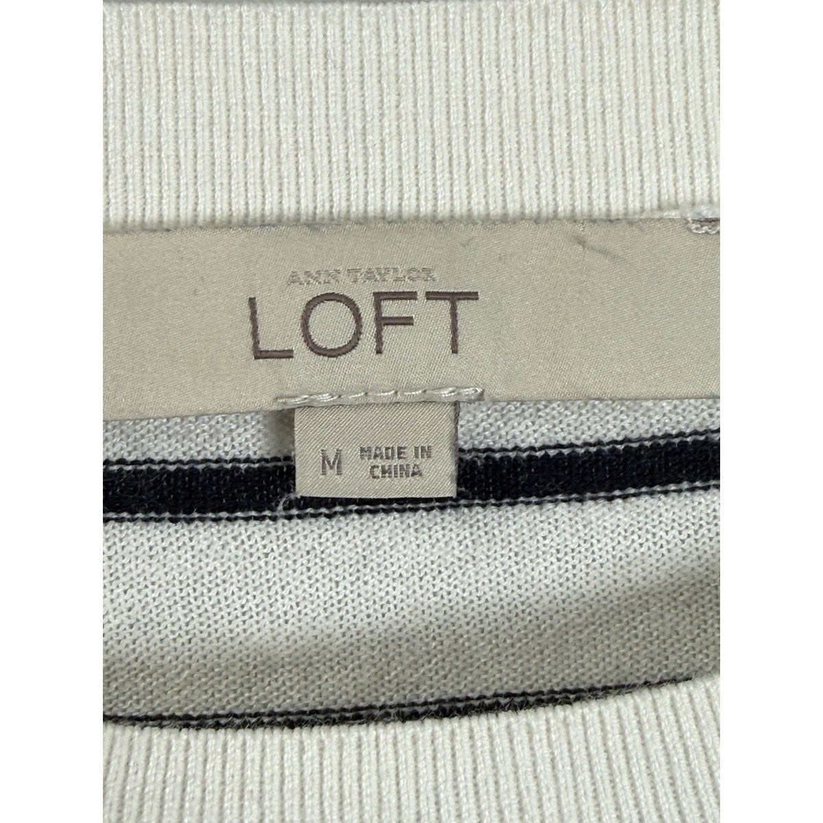LOFT Striped Sweater Bird Embellished Beaded Navy-White Knit Size M