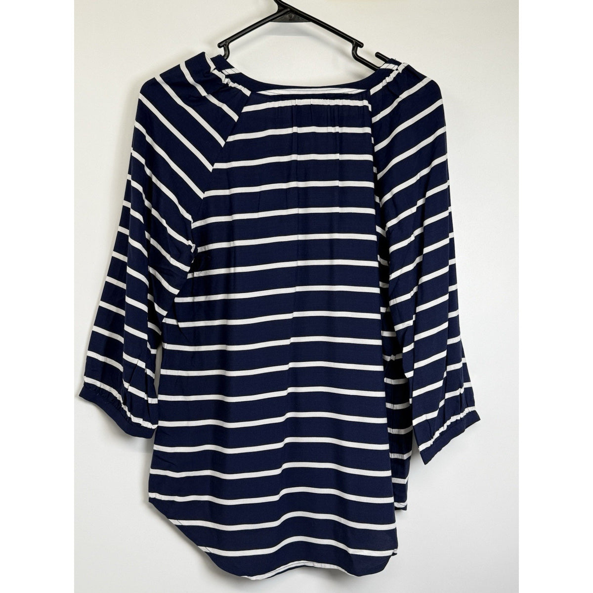 St John’s Bay Medium Blue White Striped Rayon Peasant Blouse Coastal Cottage