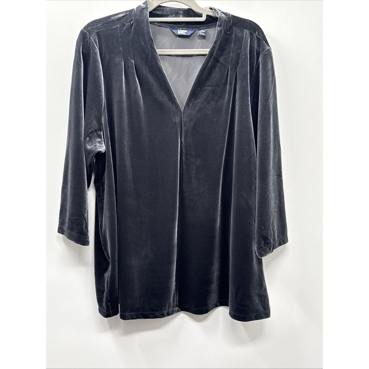 Lands End Womens 3X Black Velvet Top Pullover V Neck Plus Size 24W 26W Holiday