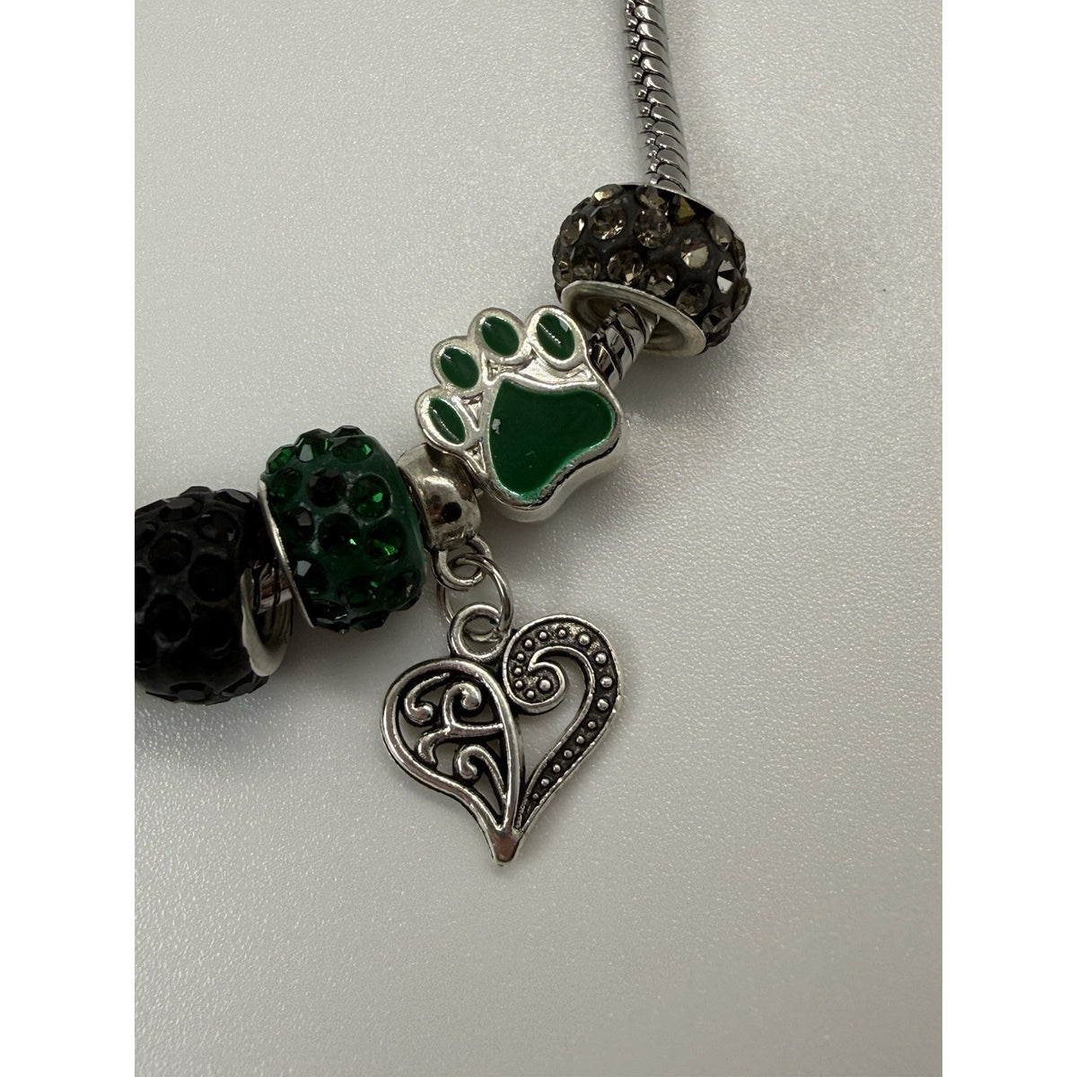 Handmade Dog Lover Charm Bracelet Paw Print Green Black Crystal Beaded