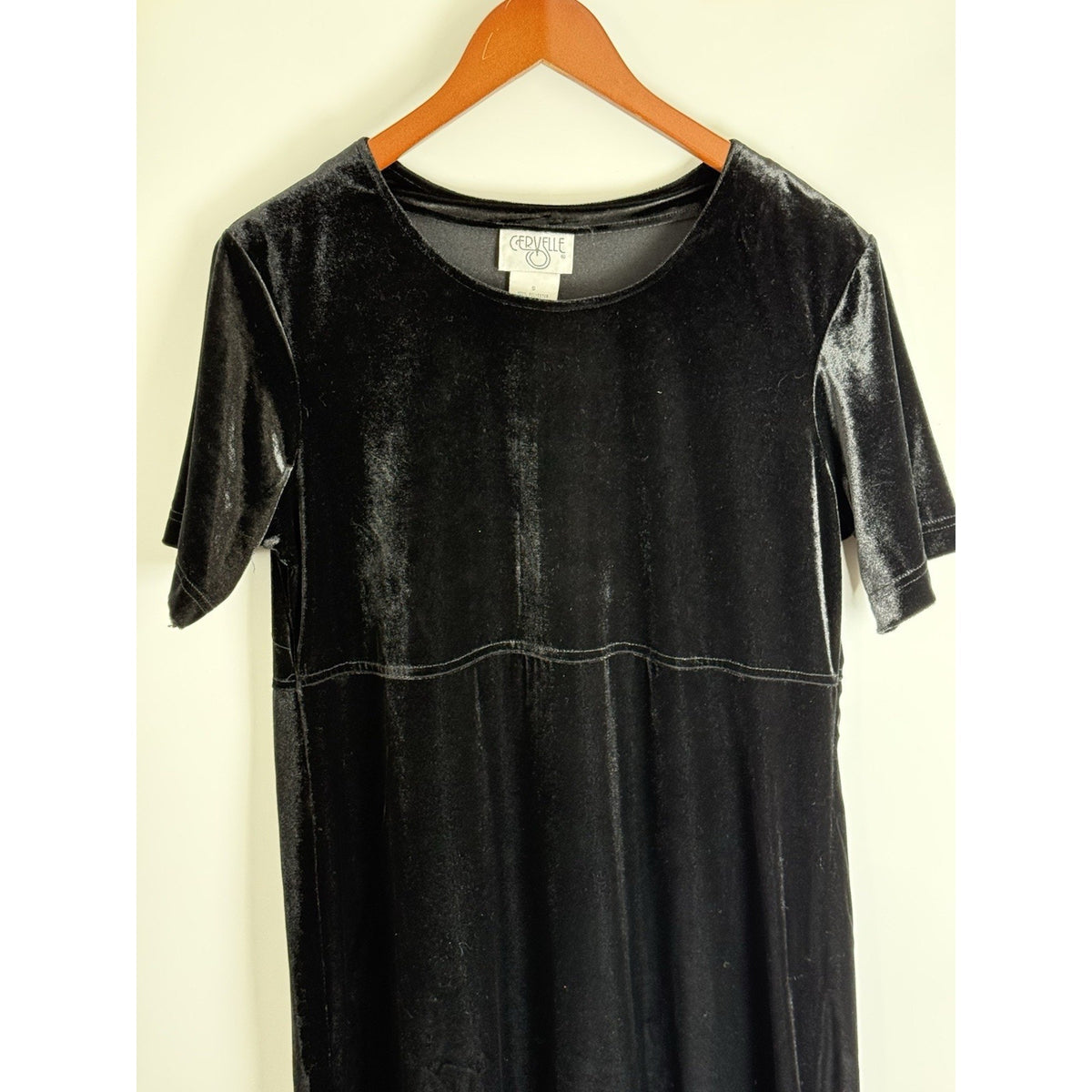 Cervelle Black Velvet Midi Dress Size S Short Sleeve Stretch