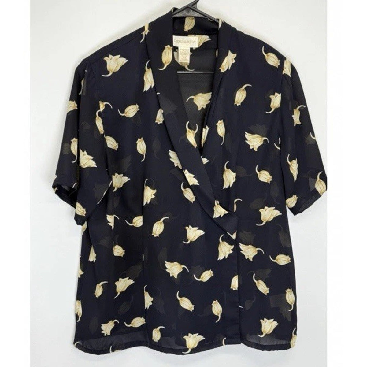 Christie & Jill Women’s Tulip Print Blouse 18W Black Yellow Floral Plus Size
