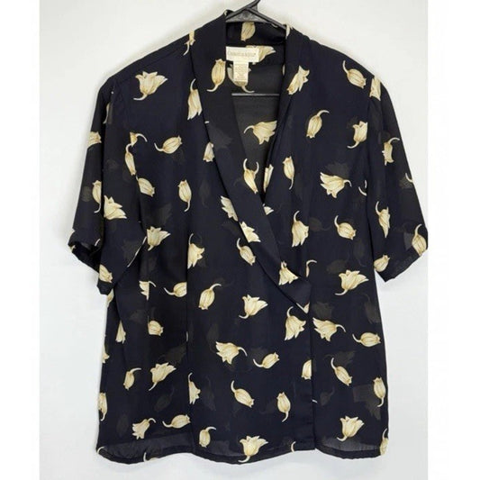 Christie & Jill Women’s Tulip Print Blouse 18W Black Yellow Floral Plus Size