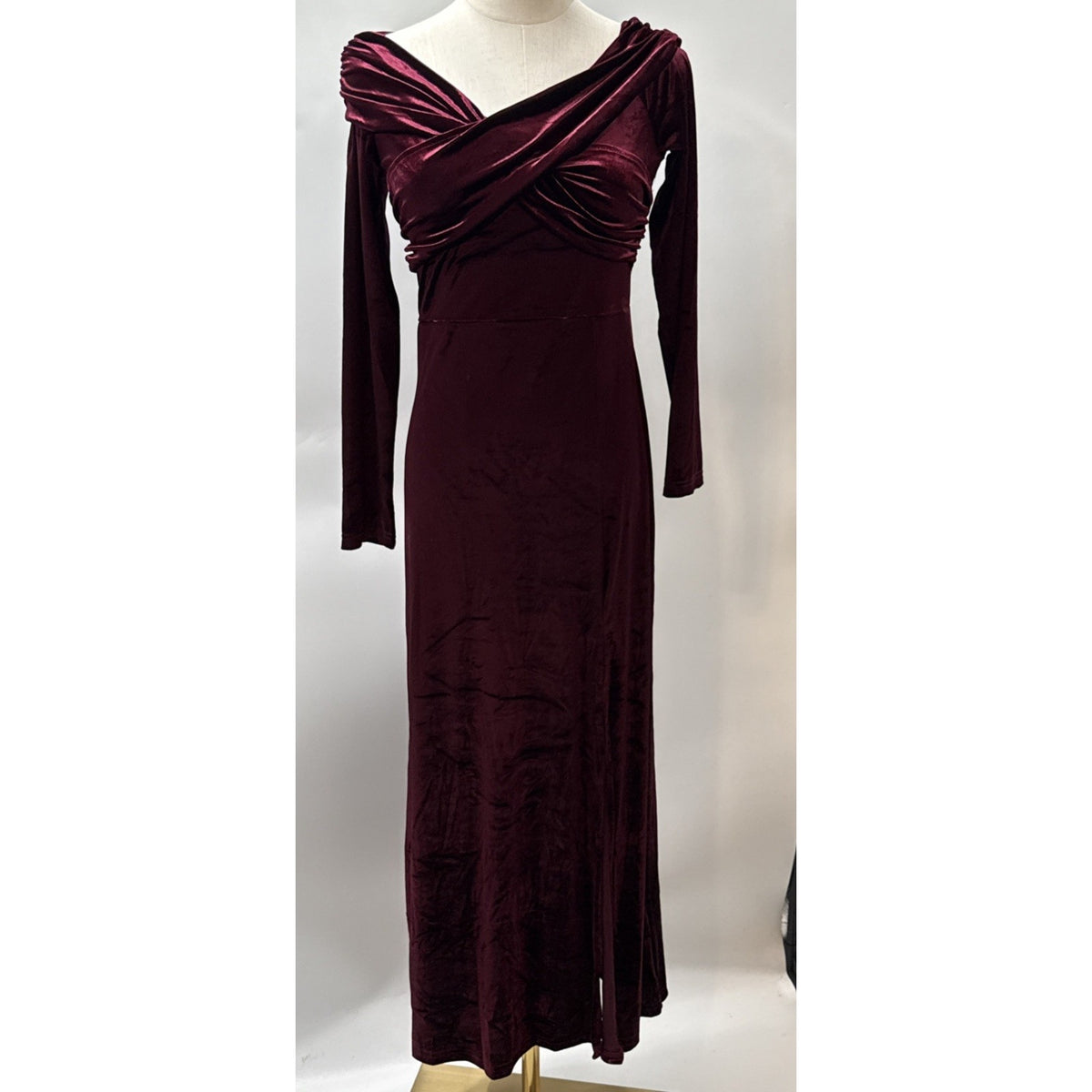 Womens Burgundy Velvet Off Shoulder LS Sz Medium Dress Stretch Gothic Whimsigoth