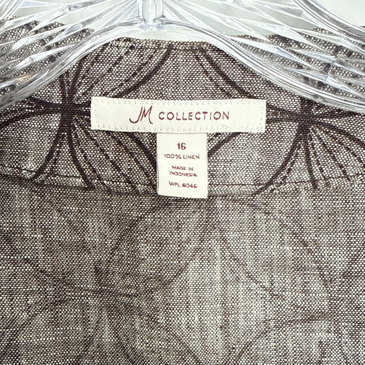 JM Collection Sz 16 Brown Geometric 100% Linen 3/4 Sleeve 4 button Jacket