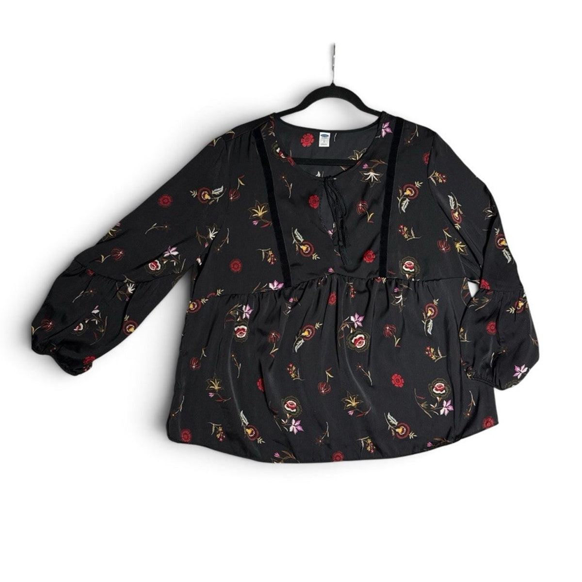 Old Navy Womens Blouse Top Sz L Black Boho Peasant Floral V Neck Tassel Tie Poly