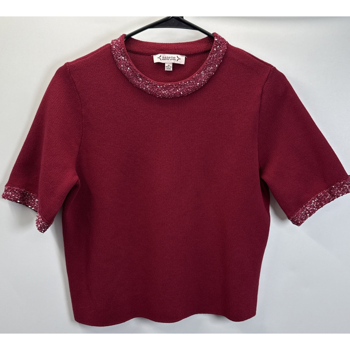 Nanette Lepore Ruby Wine Sequin Trim Short Sleeve Sweater Women Sz Medium