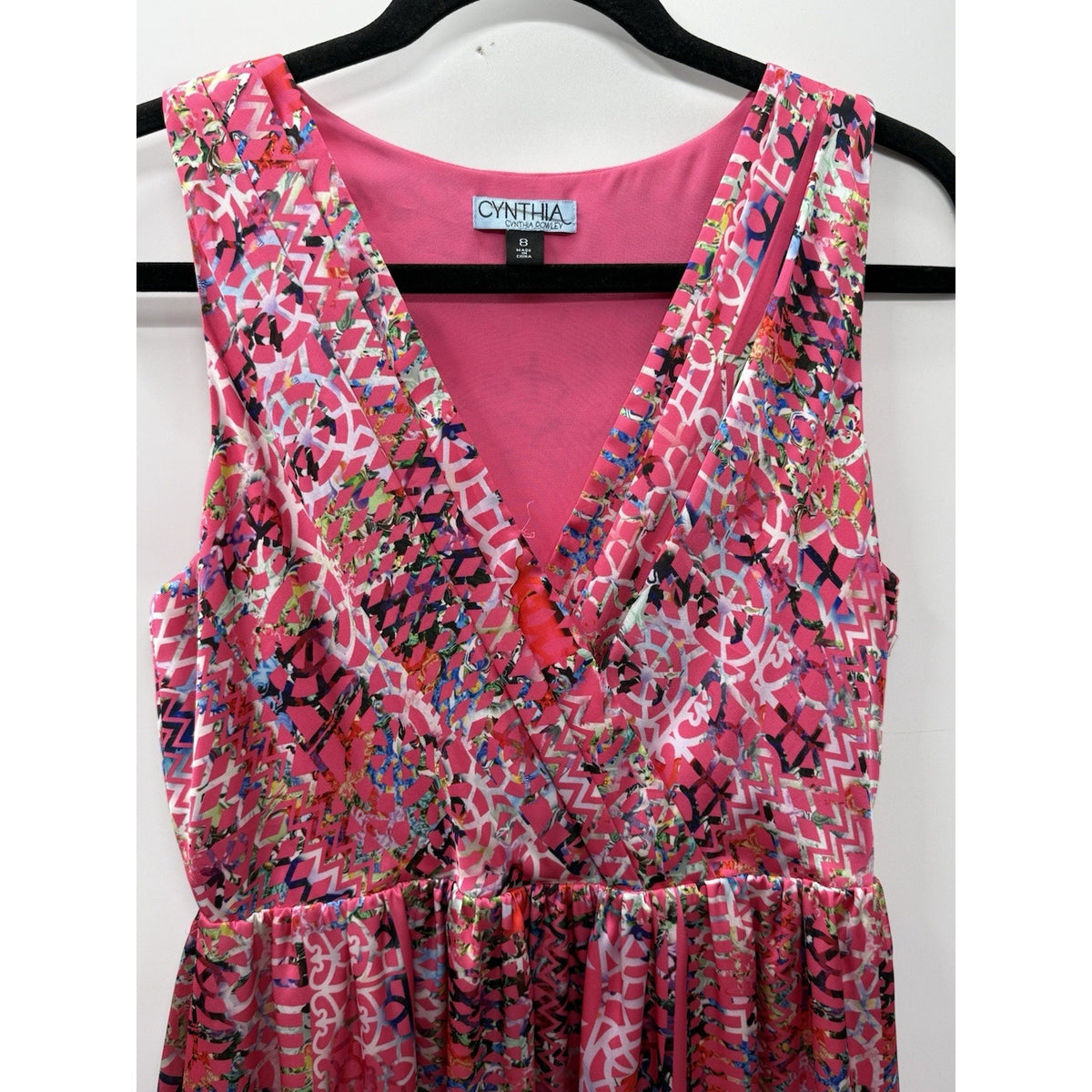 Cynthia Rowley Pink Multicolor Print High Low Dress Womens Size 8 V Neck