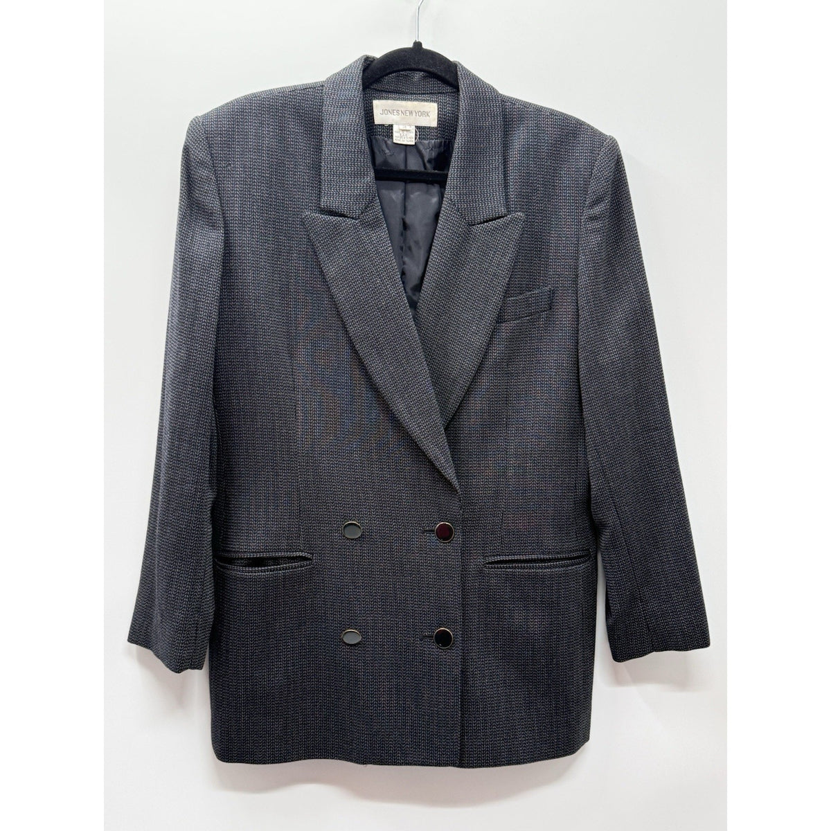 Vintage Jones New York Wool Blazer Womens 14 Black Gray Double Breasted