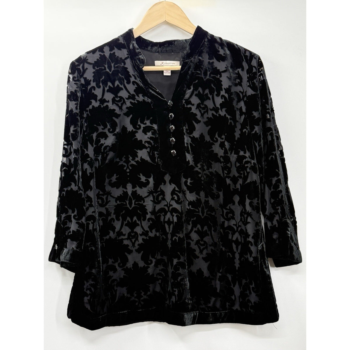 JM Collection Burnout Velvet Blouse Black Sheer Floral 3/4 Sleeve Sz 8