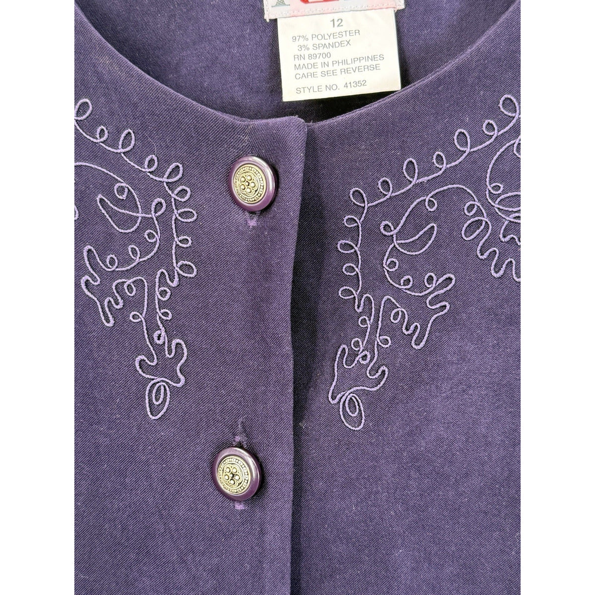 R&K Originals Purple Embroidered Button Front Jacket Women’s Size 12 Unlined