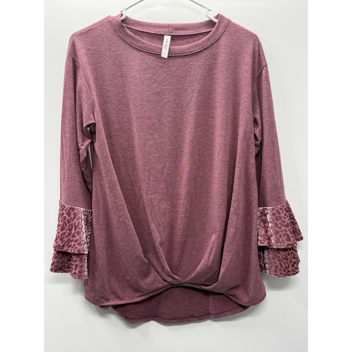 Emerald Mauve Twist Front Top Leopard Burnout Ruffle Sleeve Boho Small