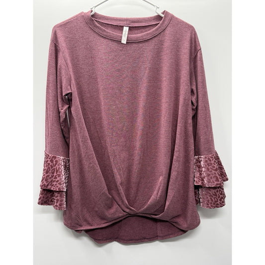 Emerald Mauve Twist Front Top Leopard Burnout Ruffle Sleeve Boho Small