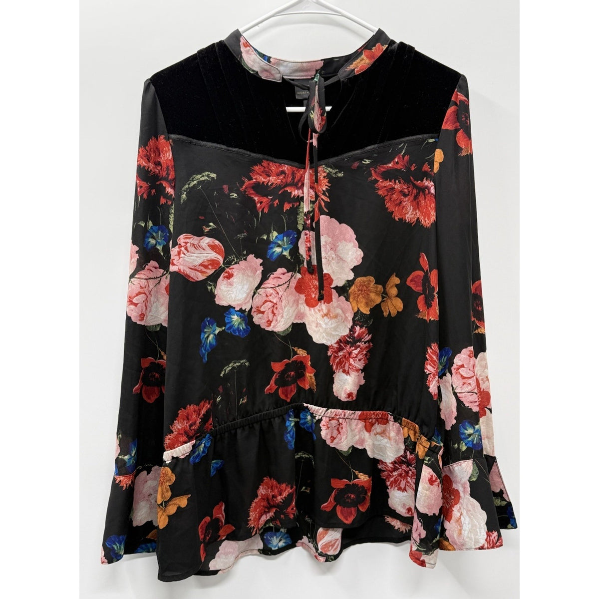 Worthington Blouse Women’s L Floral Velvet Yoke Tie Neck Peplum Bell Sleeve Boho
