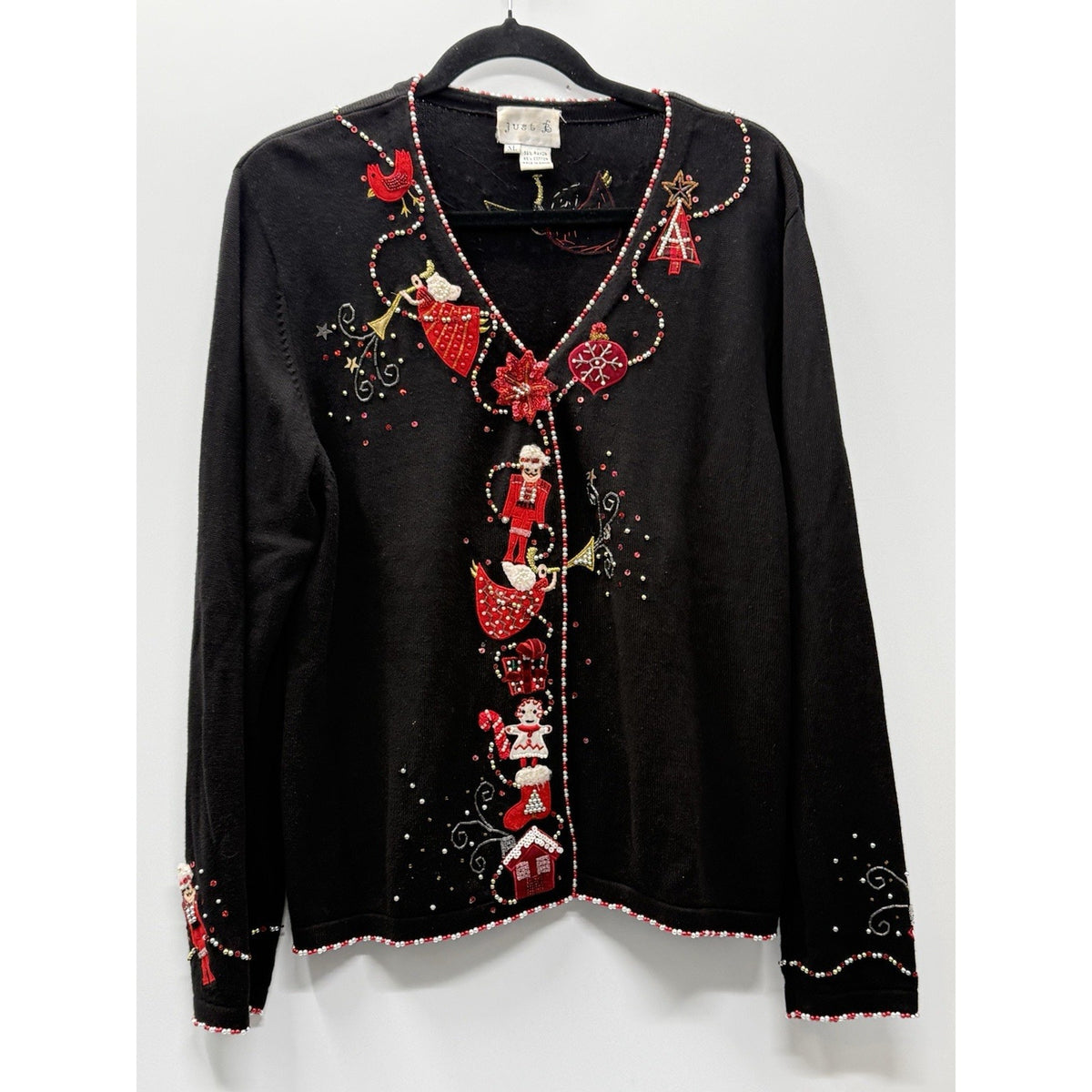 Just B XL Christmas Cardigan Nutcracker Angel Beaded Sequin Holiday Sweater