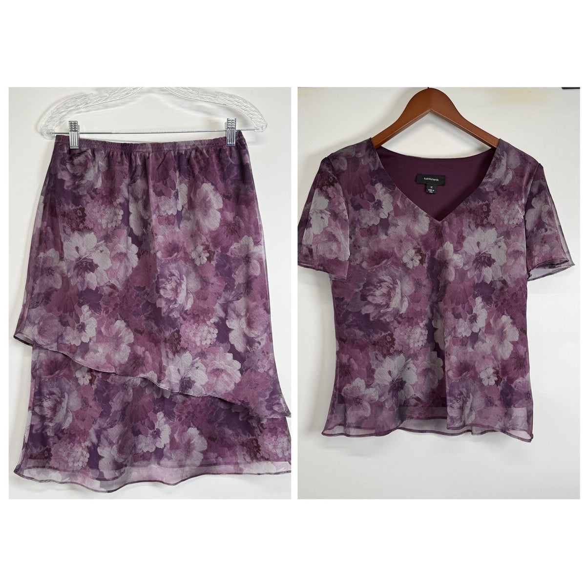 R&M Richards Purple Floral Chiffon Dress Set Size 12 Sheer Layered Romantic