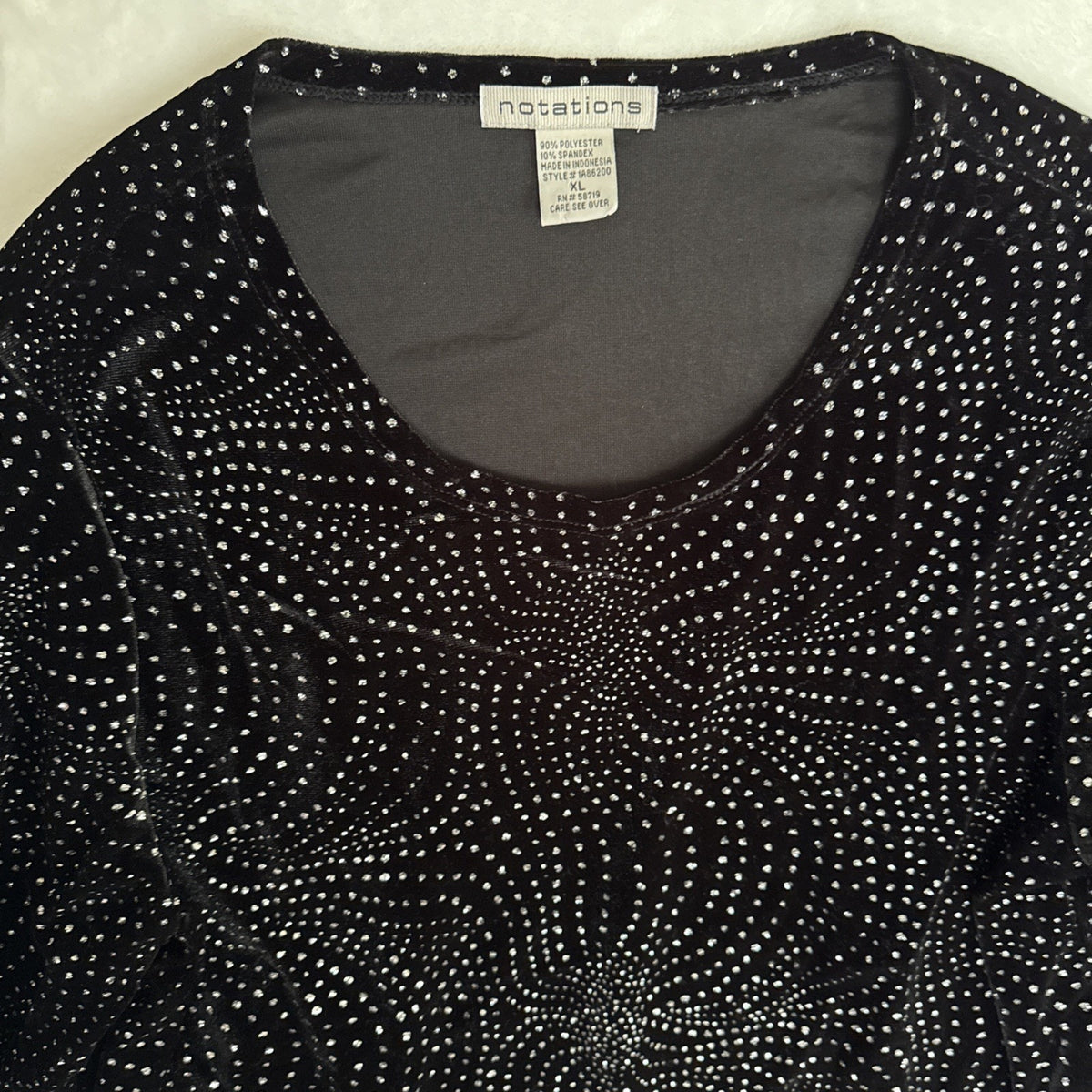 Notations Women’s XL Black Silver Glitter Velvet Top 3/4 Sleeve Stretch Party