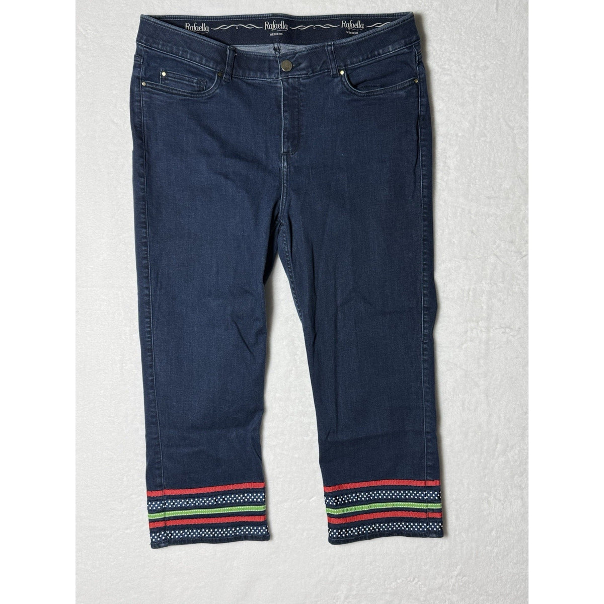 Rafaella Weekend Womens 16 Capri Jeans Dark Wash Embellished Hem Stretch Denim