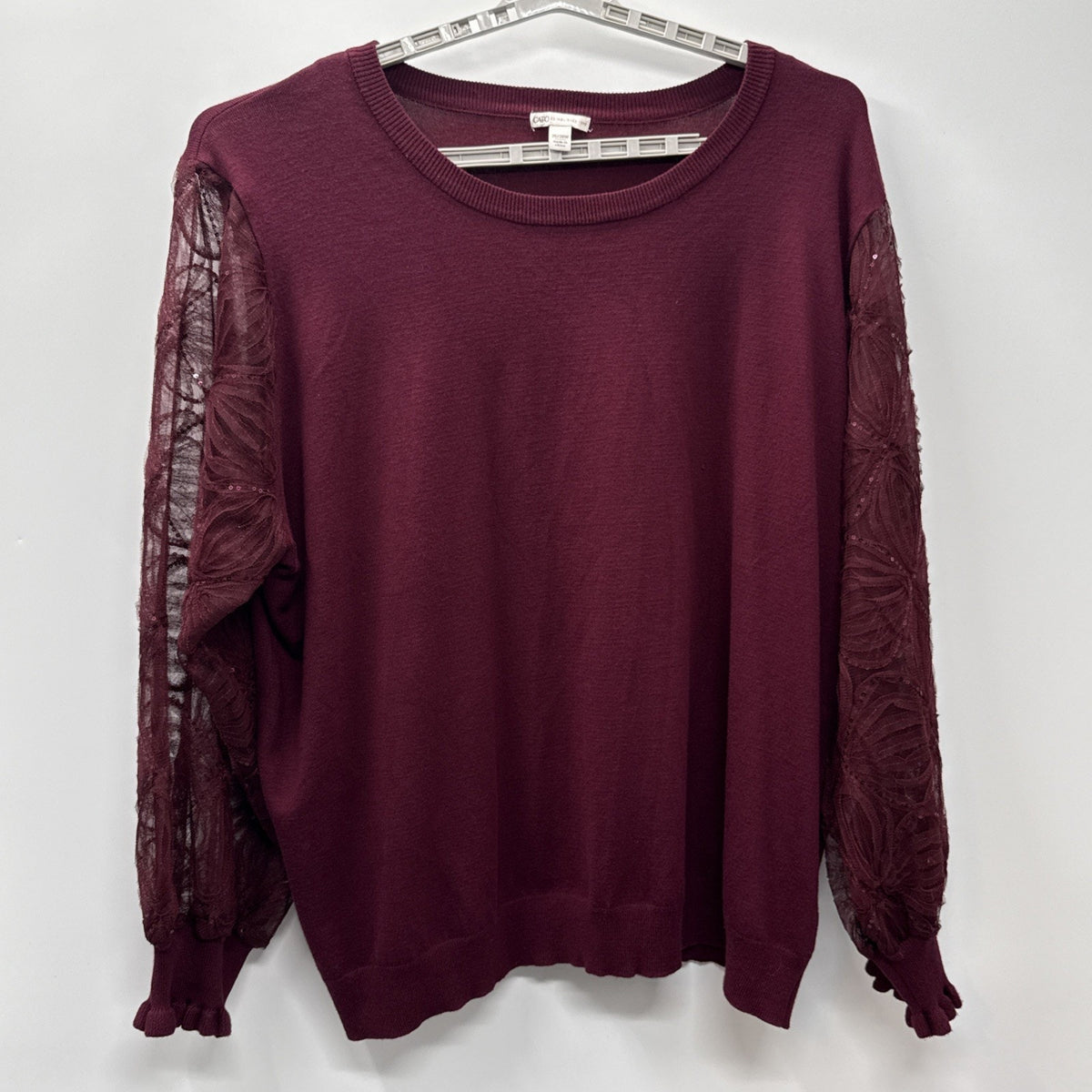 Cato Burgundy Sweater Sheer Lace Sequin Sleeves Sz 26/28 Romantic Whimsigoth