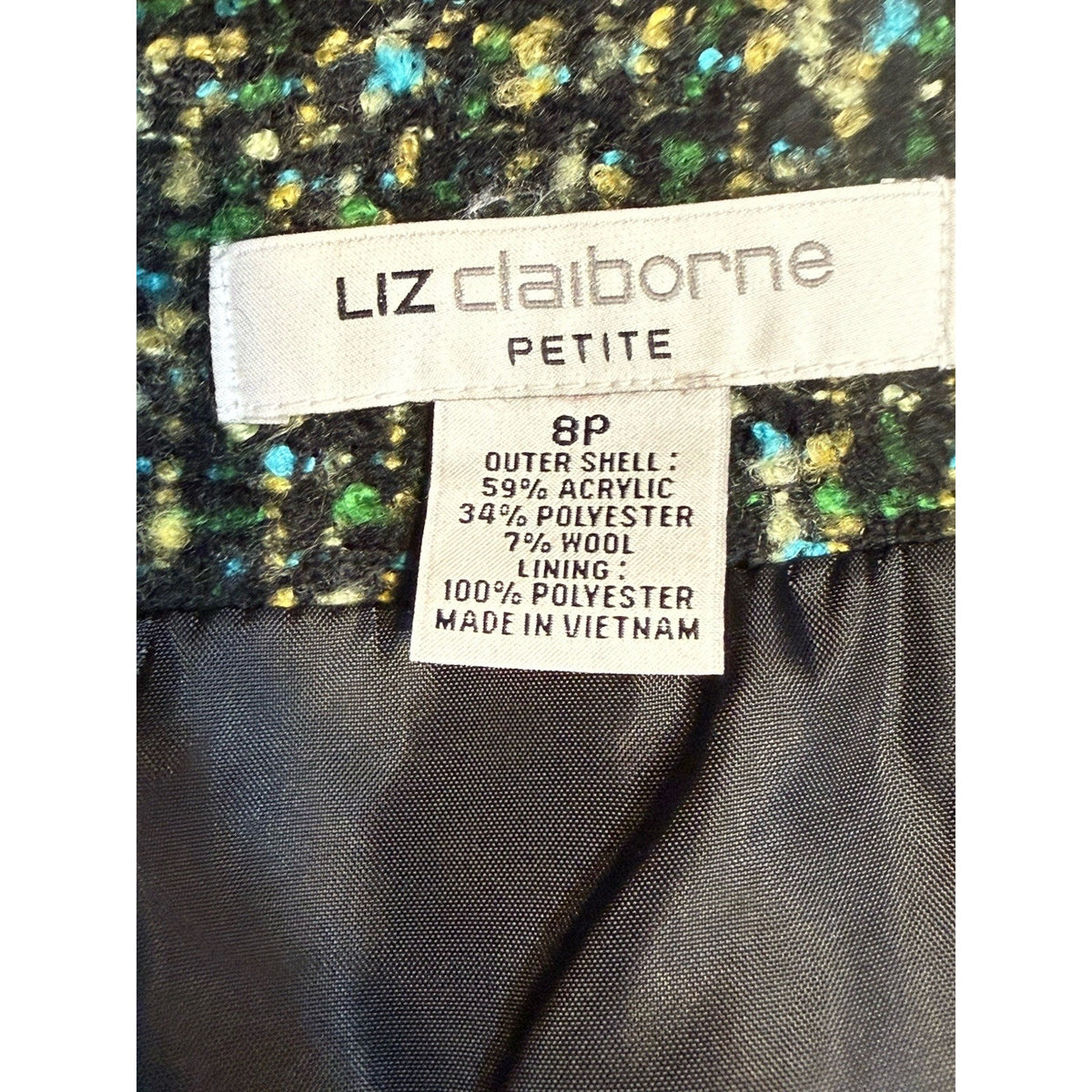 Liz Claiborne Petite 8P Tweed Skirt Black Green Blue Fully Lined