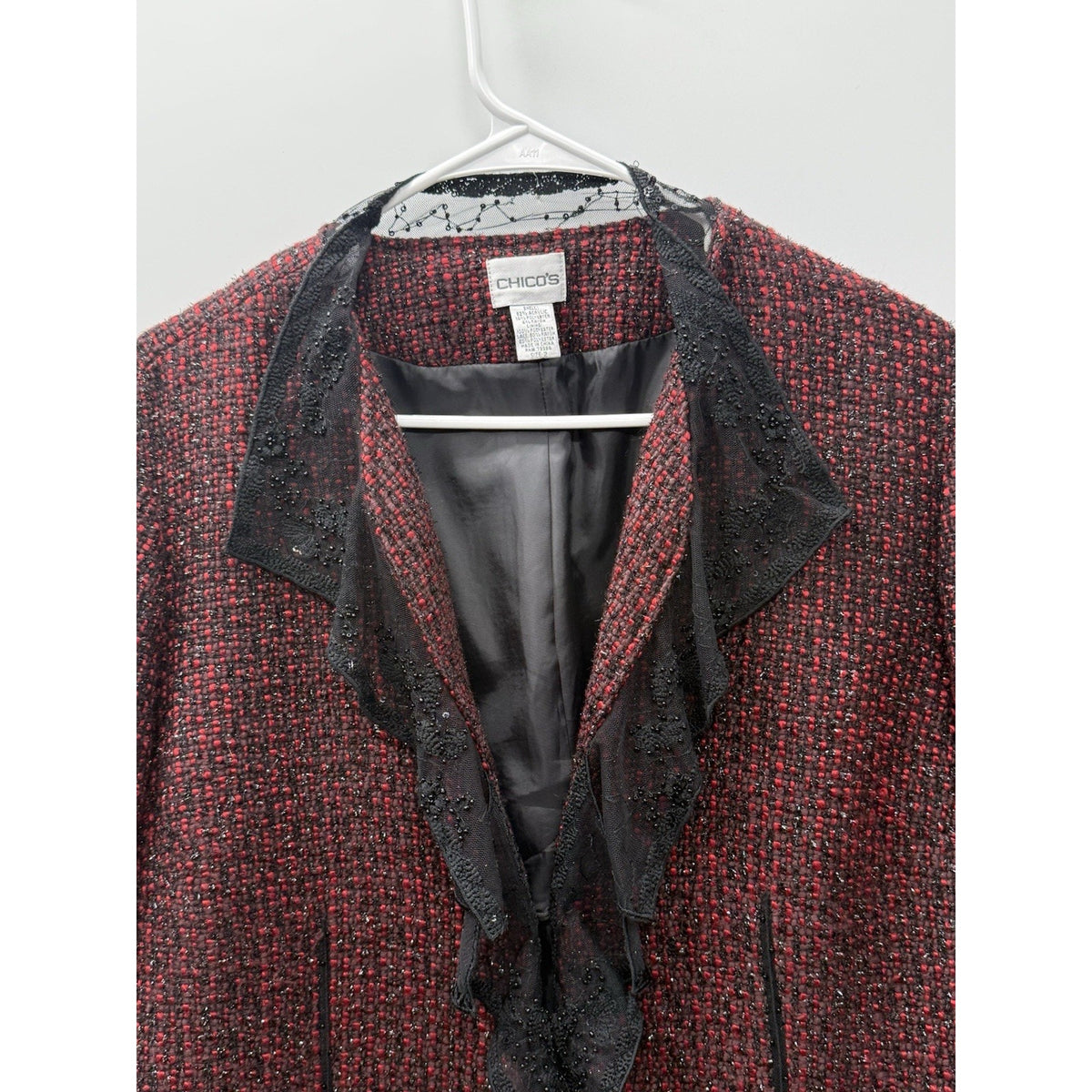 Chicos 2 Tweed Jacket Beaded Sequin Lace Holiday Evening Career Red Black XL