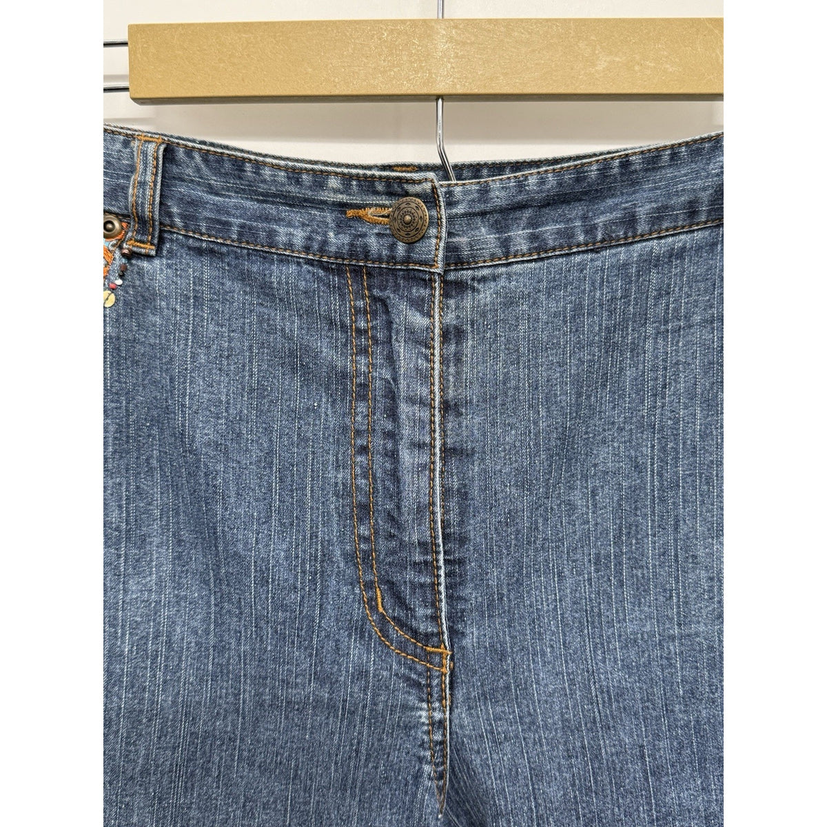 Ruby Rd Capri Jeans Womens 14 Embellished Beaded Fringe Hem Stretch Denim Blue