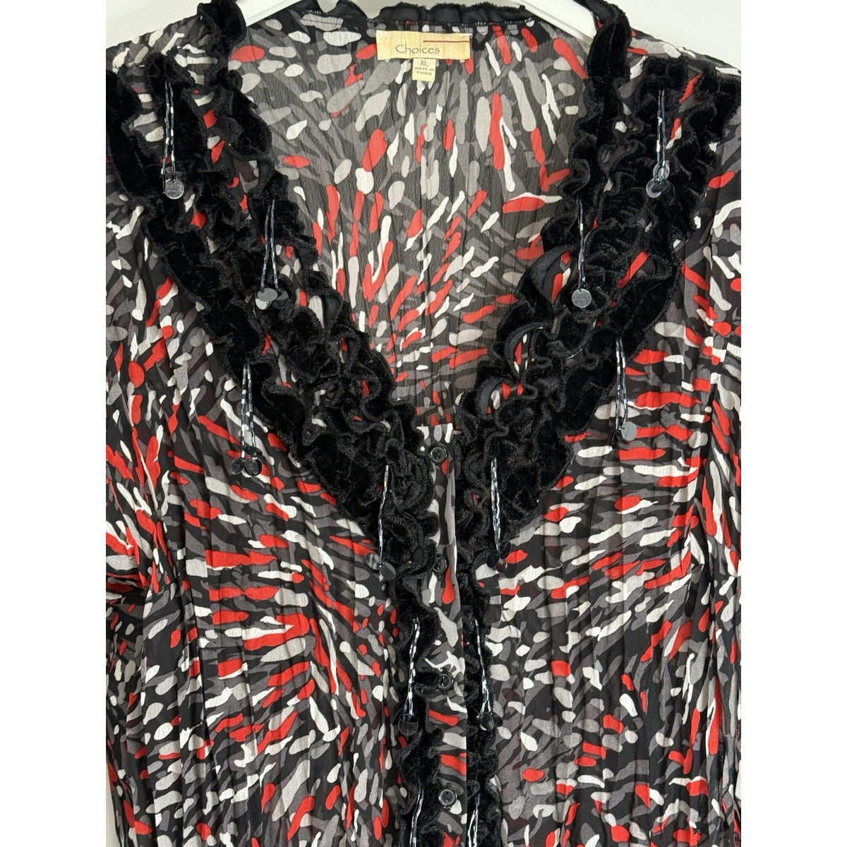 Choices Sheer Ruffle Blouse XL Black Red Beaded Sequin Trim Whimsigoth Fairy Top