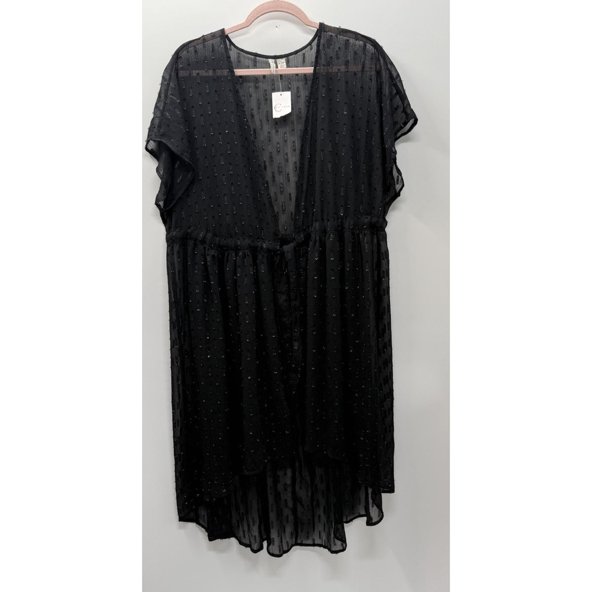 Cato 18 20W Sheer Black Duster Kimono Swiss Dot Tie Front Plus Size Boho