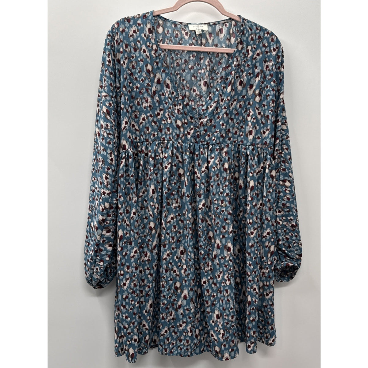 UMGEE Babydoll Dress Blue Brown Balloon Sleeve Tunic Women’s S Oversized Boho