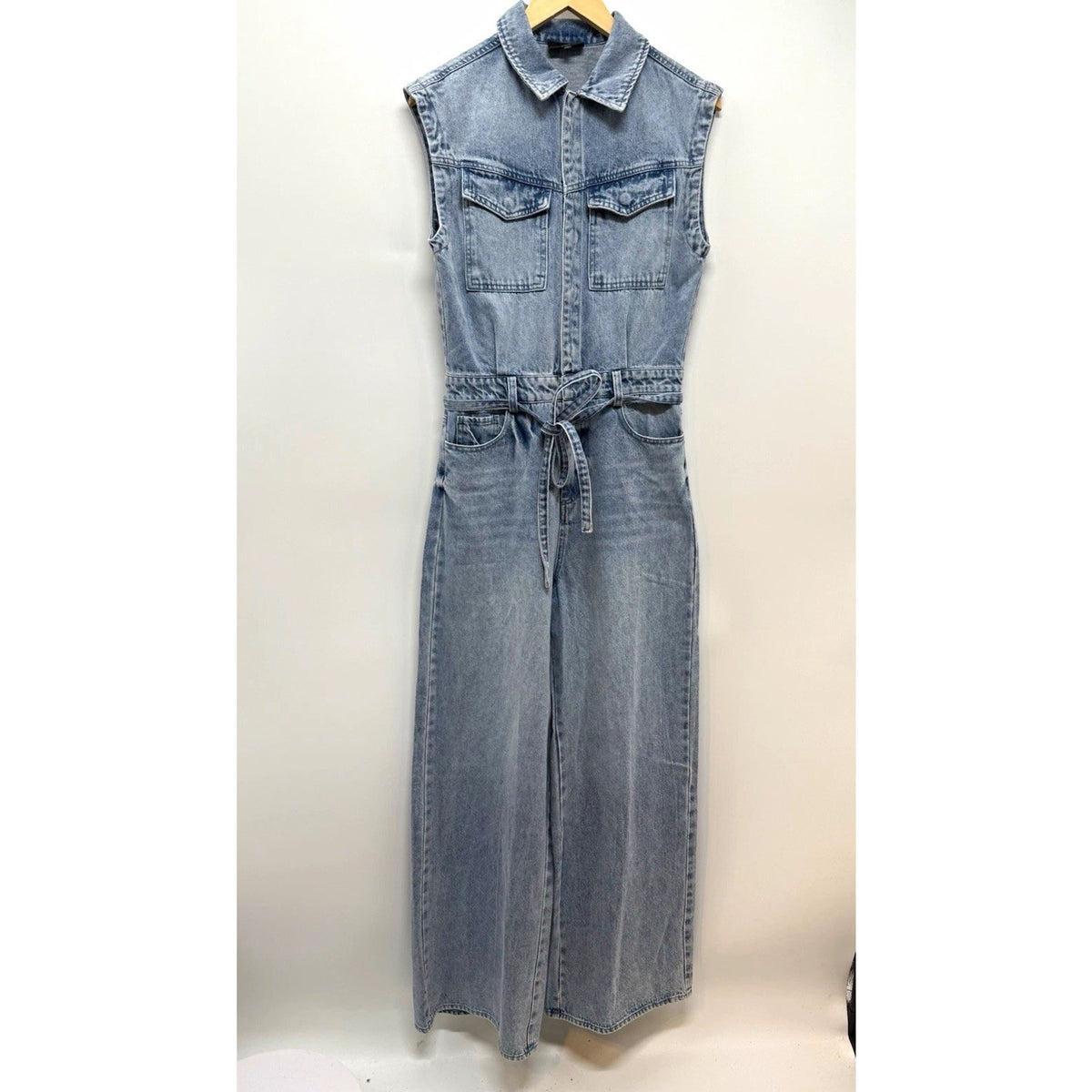VICI Blue Denim Jumpsuit Womens S Sleeveless Collared Wide Leg Belted Pockets