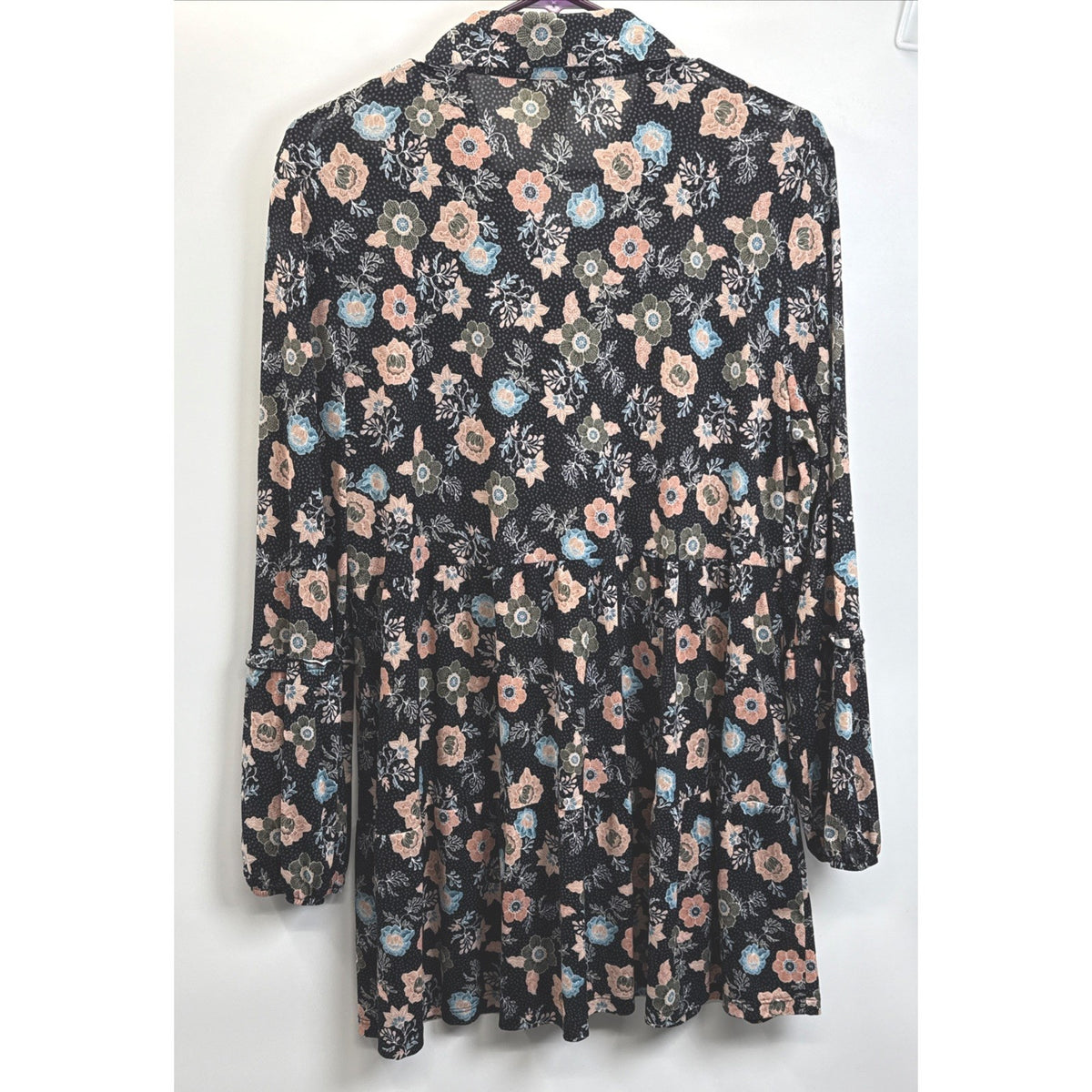 Style & Co Woman L Black Floral Tiered Button Front Mesh Tunic Blouse Top Boho