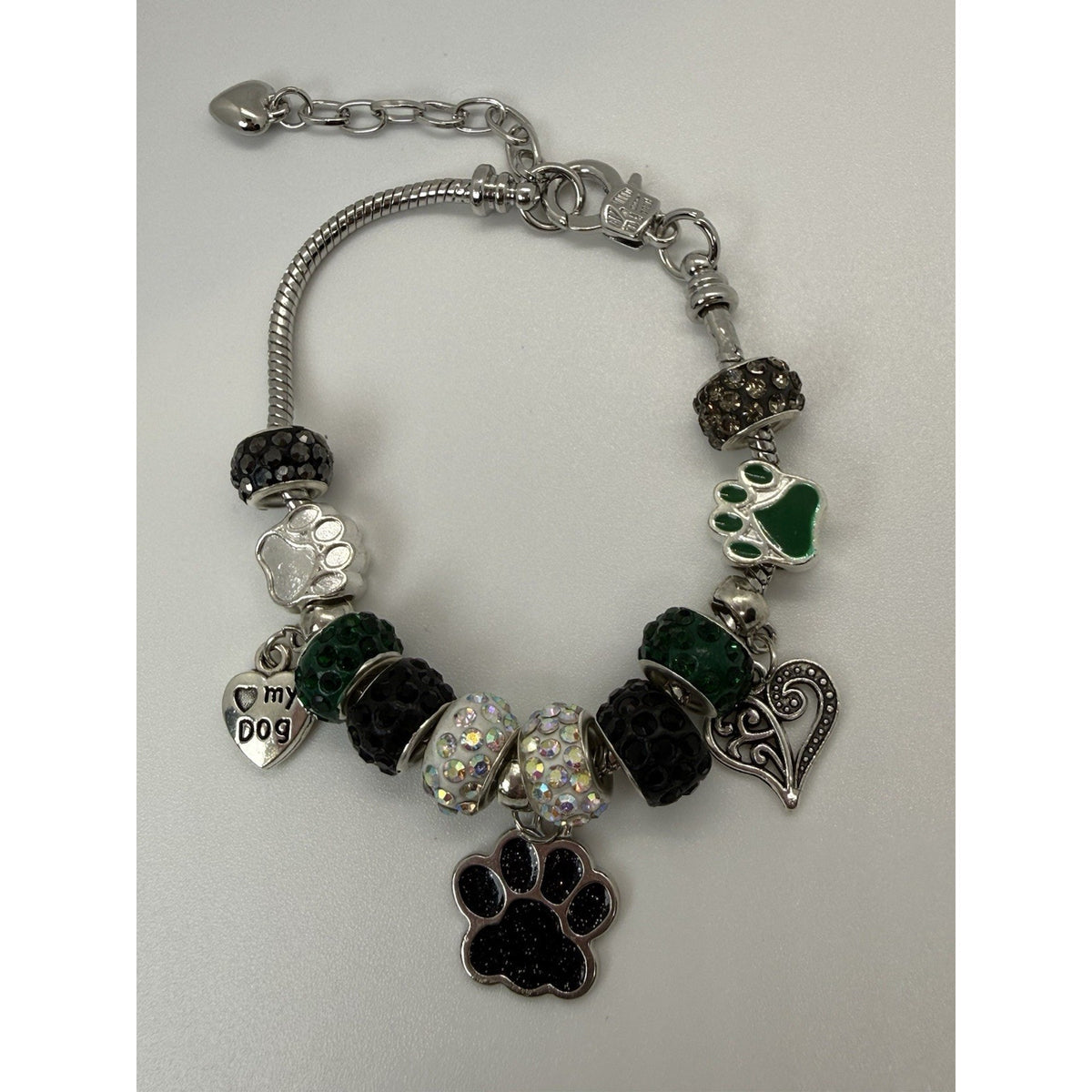 Handmade Dog Lover Charm Bracelet Paw Print Green Black Crystal Beaded