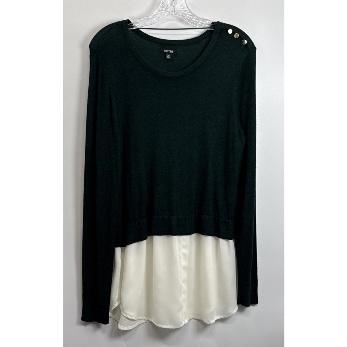 Apt 9 Layered Sweater Top Green Faux Shirt Hem Gold Button Career Medium Petite