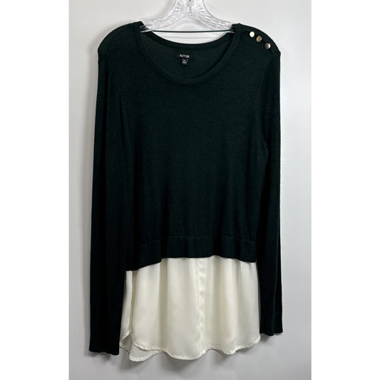 Apt 9 Layered Sweater Top Green Faux Shirt Hem Gold Button Career Medium Petite